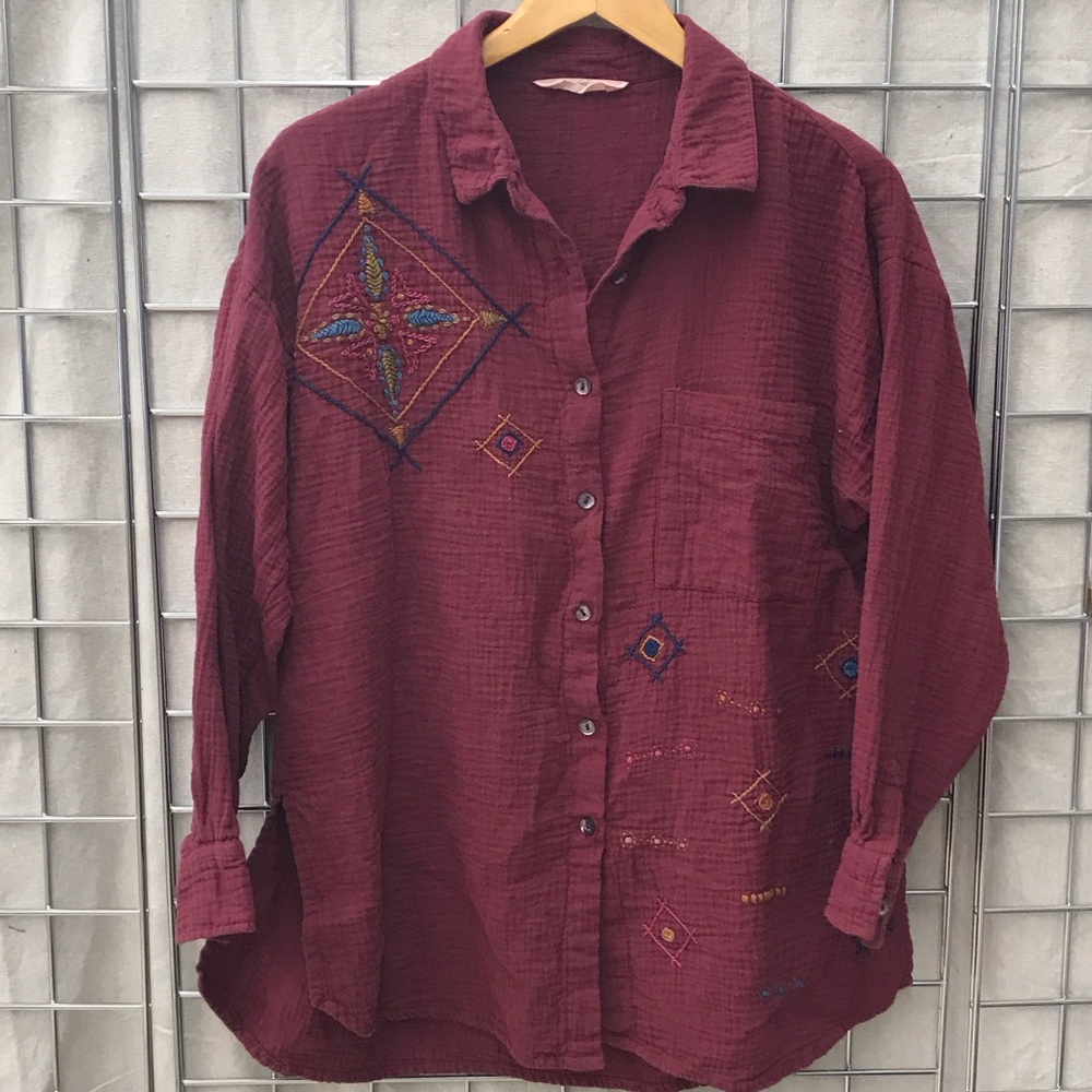 Woven Embroidered Button-Down Shirt - Burgundy - Picture 2 of 3